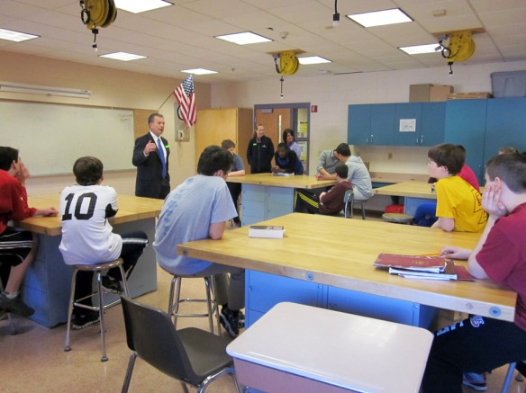 Rick Bennett, President & CEO of Marlborough Savings Bank, answers students’ questions about banking and the responsibilities of a bank president.